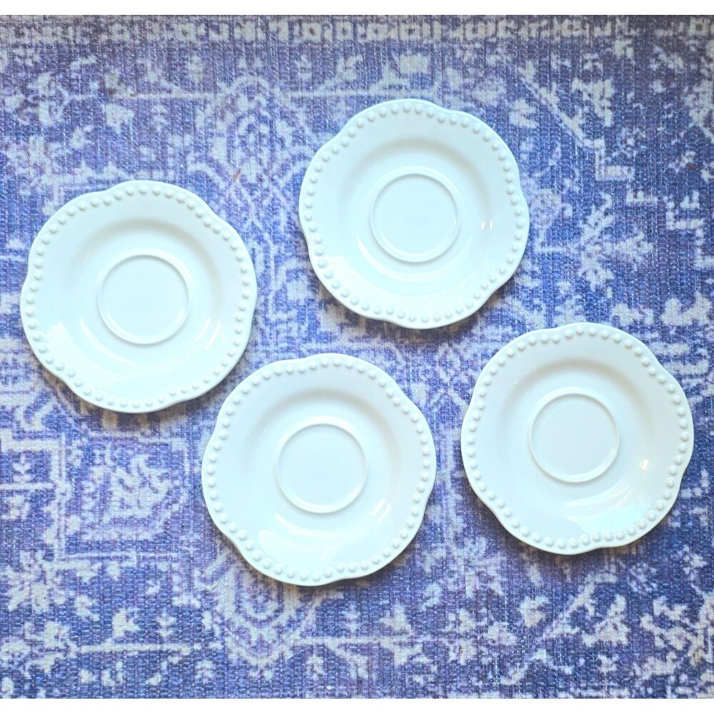 Pottery Barn Emma White Glossy Ceramic Saucers Set of 4 Round Beaded Rim